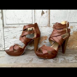 G by Guess Strappy Brown Leather Gold Buckle Platform Heels